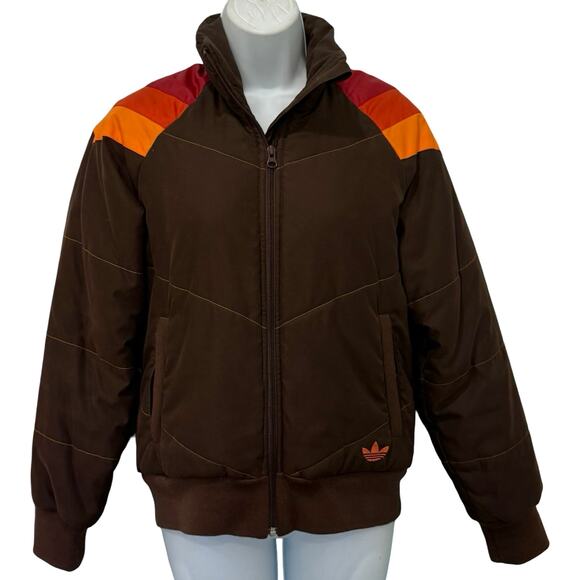 Adidas Brown Red Orange Chevron Embroidered Polar Bear Puffer Jacket size 38 / S - Picture 8 of 13